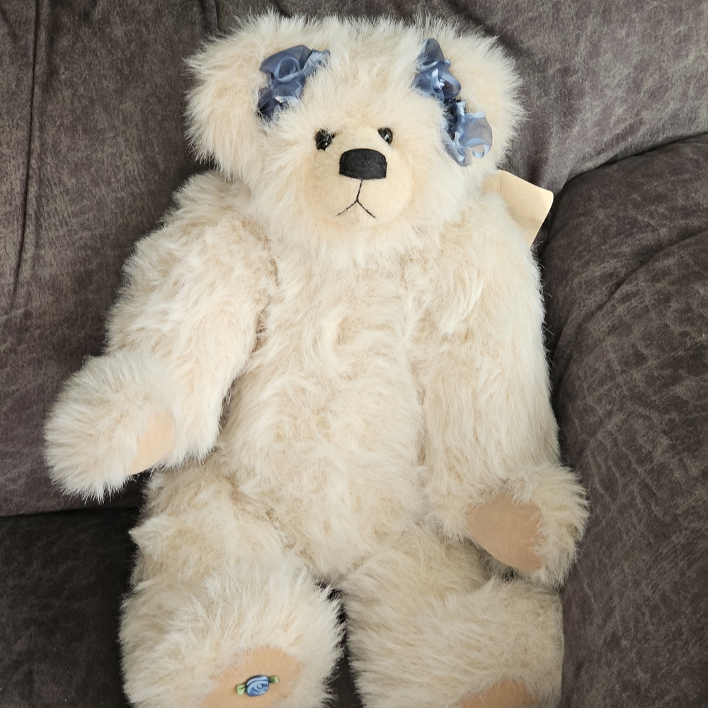 Cream Stuffed Teddy Bear with Blue Accents Vintsge Used Condition With Tags